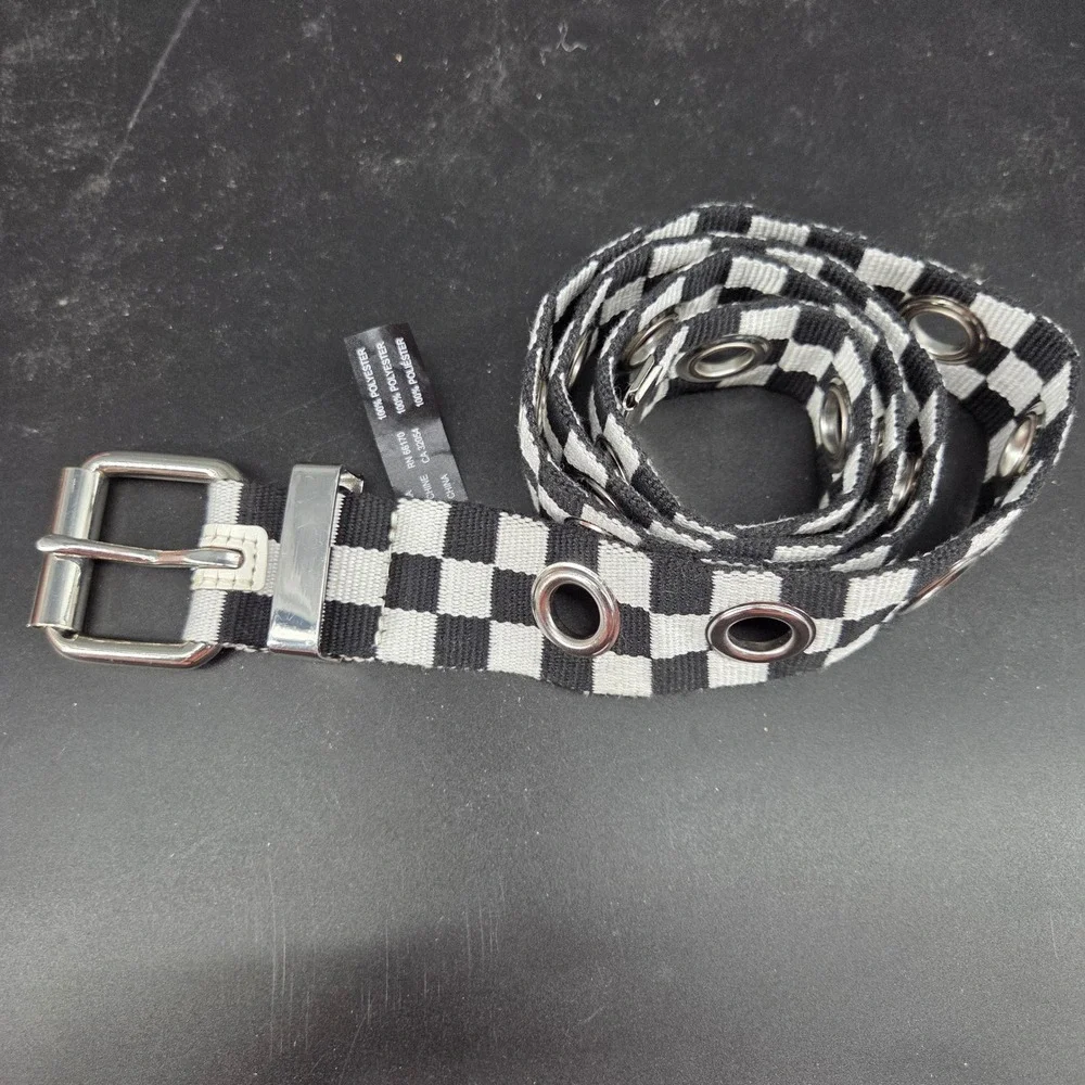 Urban Outfitters Checkerboard Grommet Belt Black White Webbed Roller Buckle M